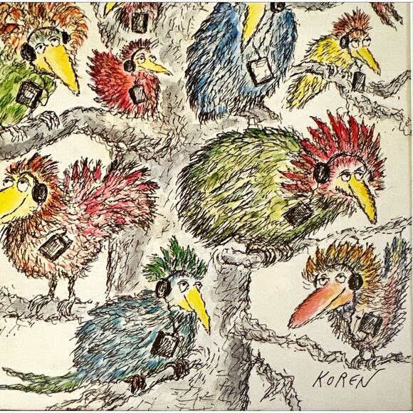 Framed 1988 New Yorker Magazine June 20 Ed Koren Art Birds Wearing Headphones - Picture 2 of 3